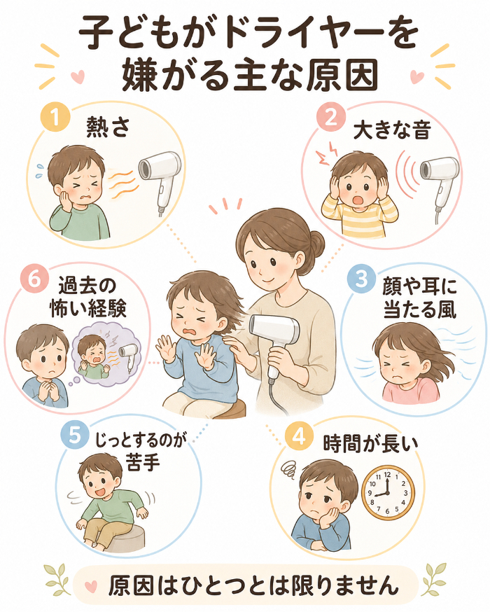 子どもがドライヤーを嫌がる主な原因
