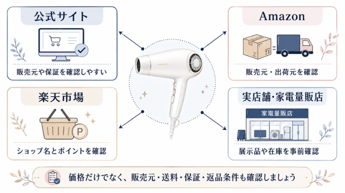 カドレドライヤーの主な購入先を整理する図
